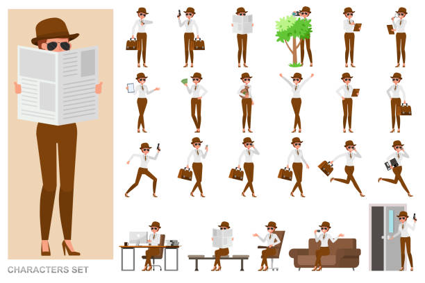 illustrations, cliparts, dessins animés et icônes de ensemble de conception de vecteur de caractère de femme d’agent secret de spy. présentation dans diverses actions avec émotions, course, debout et marche. - smoking issues