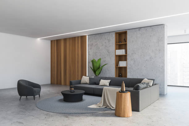 istock Concrete and gray living room corner, window 1278690420