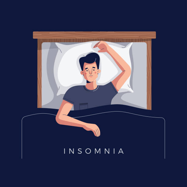 ilustrações, clipart, desenhos animados e ícones de um jovem insônia sofre de insônia ou distúrbio do sono. triste personagem masculino cansado deitado na cama com os olhos abertos, tentando dormir. espaço para texto. estilo de desenho animado plano moderno, ilustração vetorial - bed bedroom cartoon furniture