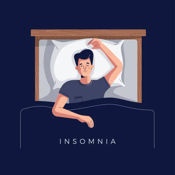 Vector illustration of Sleepless young man suffers from insomnia or sleep disorder. Sad tired male character lying in bed with open eyes, trying to fall asleep. Space for text. Modern flat cartoon style, vector illustration