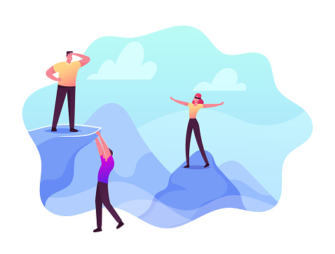 Risky Behavior, Extreme Recreation and Danger Activity Concept. Risk Taker Male and Female Characters Climbing on Rocks with Blindfolded Eyes, Hanging on Abyss Edge. Cartoon People Vector Illustration