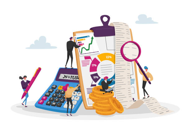 illustrations, cliparts, dessins animés et icônes de comptabilité, finance, données bancaires. personnages comptables minuscules autour de l’énorme tableau de clip remplissant les graphiques de comptabilité - monnaie illustrations