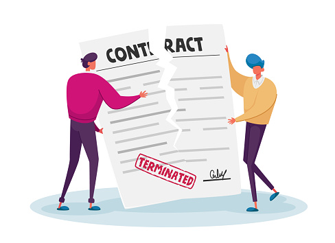 Contract Cancellation, Agreement Termination Concept. Couple of Tiny Male Characters Tearing Huge Paper Sheet with Terminated Contract. Businessmen at Workspace. Cartoon People Vector Illustration