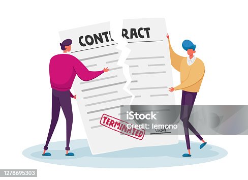 istock Contract Cancellation, Agreement Termination Concept. Couple of Tiny Male Characters Tearing Huge Paper Contract Sheet 1278695303