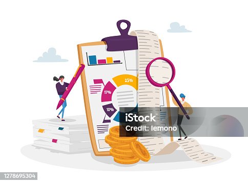 istock Accounting and Bookkeeping. Tiny Accountant Characters at Huge Clip Board Filling Bookkeeping Data, Graphs and Charts 1278695304