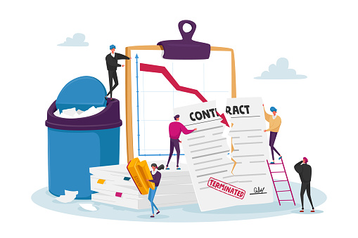 Tiny Male and Female Characters at Huge Document Tear Terminated Contract with Scattered Paper Sheets and Litter Bin. Woman with Stamp, Drop Arrow Graph, Crisis. Cartoon People Vector Illustration