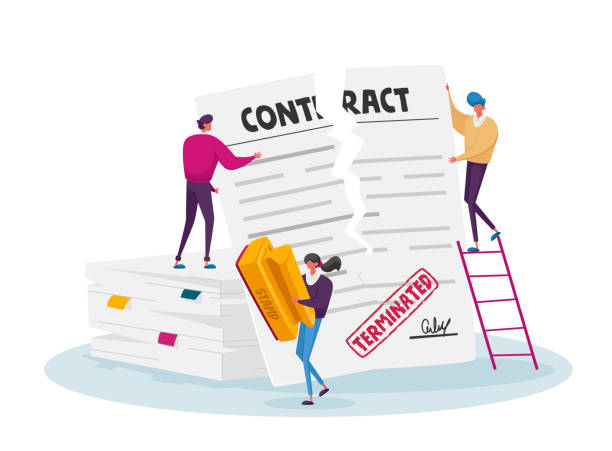 Tiny Men Tear Huge Contract Document Stand on Pile of Paper Sheets. Woman with Stamp, Crisis, Terminated Agreement Tiny Characters Male Tear Huge Contract Document Stand on Pile of Paper Sheets. Woman with Stamp, Crisis, Terminated Agreement, Bankruptcy or Cancellation Concept. Cartoon People Vector Illustration warranty paper stock illustrations