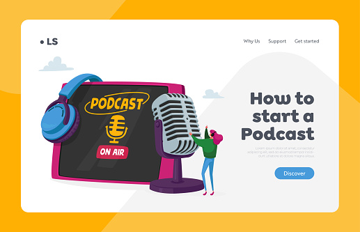 Podcast or Online Broadcasting, Livestream Landing Page Template. Tiny Female Character in Headset Speaking at Huge Microphone near Table Pc Conducting Audioprogram. Cartoon Vector Illustration