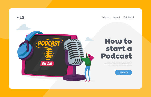 Podcast or Online Broadcasting, Livestream Landing Page Template. Tiny Female in Headset Speaking at Huge Microphone Podcast or Online Broadcasting, Livestream Landing Page Template. Tiny Female Character in Headset Speaking at Huge Microphone near Table Pc Conducting Audioprogram. Cartoon Vector Illustration podcast mobile stock illustrations