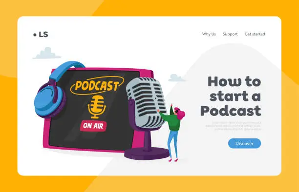 Vector illustration of Podcast or Online Broadcasting, Livestream Landing Page Template. Tiny Female in Headset Speaking at Huge Microphone