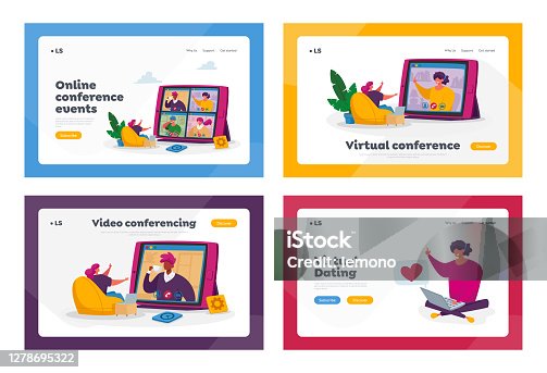 istock Workers Webcam Group Conference Landing Page Template Set. Tiny Characters Employees Speak on Video Call with Colleagues 1278695322