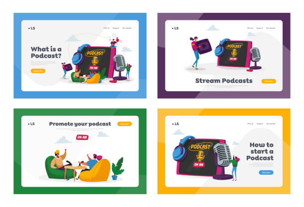 podcast, program audio online nadawanie zestaw szablonów stron docelowych. malutki mężczyzna, kobieta z mikrofonem, livestream - digital tablet audio stock illustrations