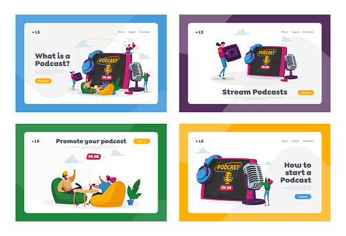 Podcast, Audio Program Online Broadcasting Landing Page Template Set. Tiny Male, Female Characters with Microphone and Headset at Huge Pc, Livestream Entertainment. Cartoon People Vector Illustration