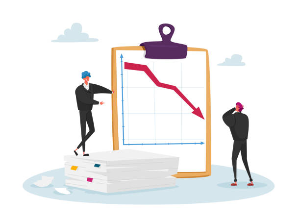 koncepcja spadku, upadku i amortyzacji na rynku. przygnębiony biznesmeni znaki patrzeć na falling down red arrow. stracić pieniądze - decreases stock illustrations