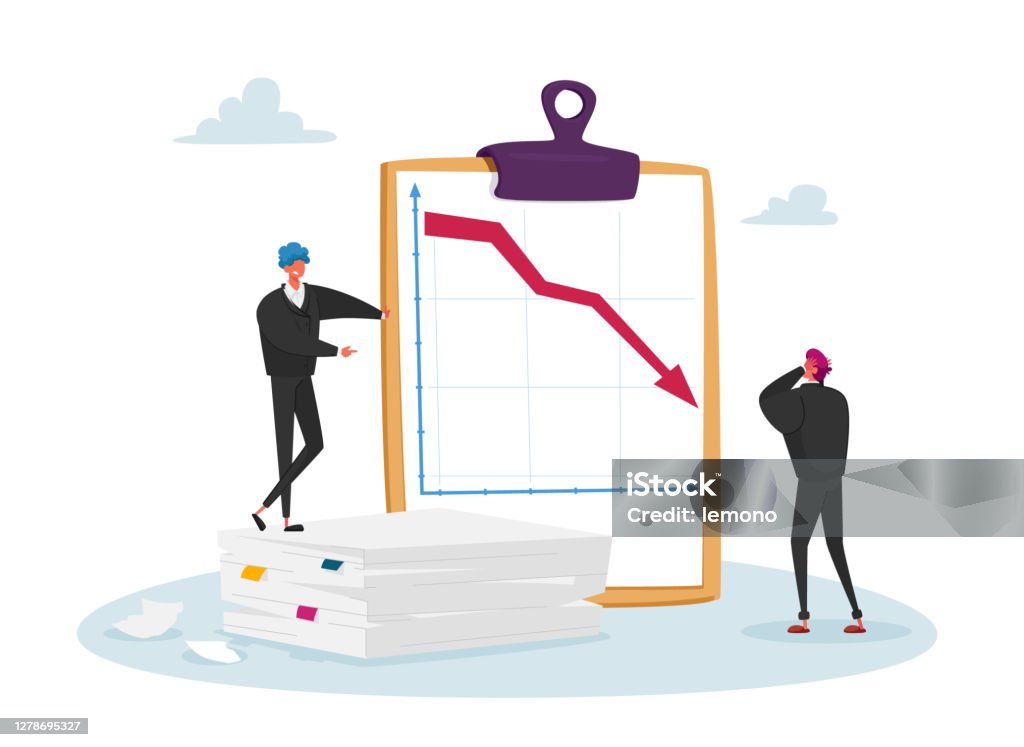 Market Drop, Fall and Depreciation Concept. Depressed Business Men Characters Look at Falling Down Red Arrow. Lose Money Market Drop, Fall and Depreciation Concept. Depressed Business Men Characters Looking at Falling Down Red Arrow. Investor Lose Money on Stock, Financial Crisis. Cartoon People Vector Illustration Business stock vector