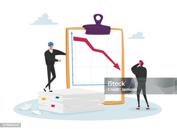 Market Drop Fall And Depreciation Concept Depressed Business Men Characters Look At Falling Down Red Arrow Lose Money Stock Illustration - Download Image Now