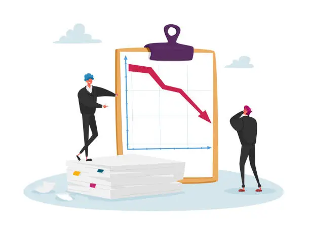 Vector illustration of Market Drop, Fall and Depreciation Concept. Depressed Business Men Characters Look at Falling Down Red Arrow. Lose Money