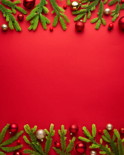 istock Christmas card with festive decor on red background 1278695667