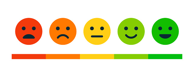 Rating Satisfaction. Set of Emotion Smiles - Exellent, Good, Normal, Not Good, Bed. Vector Stock Illustration