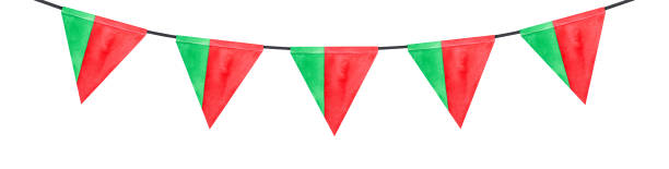 istock Watercolour illustration of festive decorative garland with striped triangular flag of Portugal. Red and green color. Hand painted graphic sketch, cutout clip art element for design, card, invitation. 1278700853