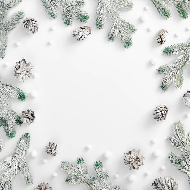 istock Evergreen tree branch with snow and pine cones. Square composition, flat lay, top view. Snow forest creative minimal layout. White space for text 1278705078