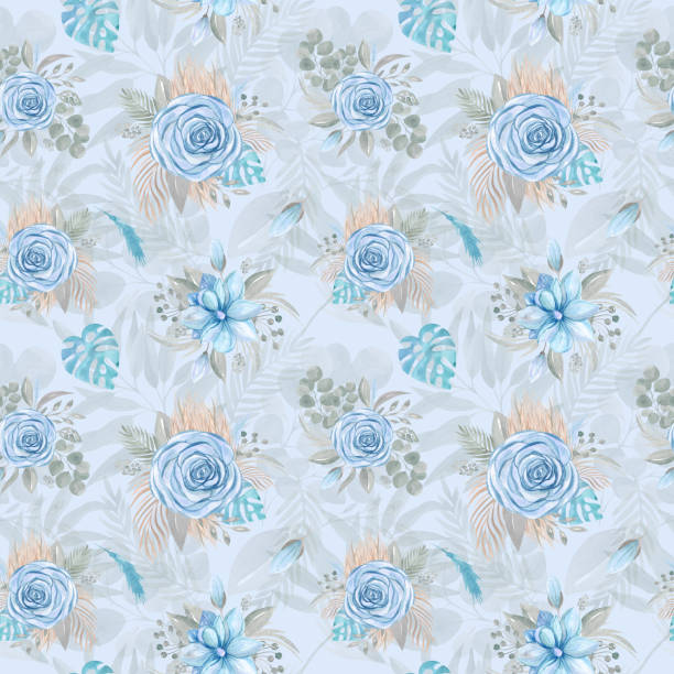 nahtloses muster aquarell illustration eines boho bouquet von blauer rose und getrockneten tropischen blättern auf einem blauen hintergrund blumenarrangement hochzeitsblumen - blossom florescence flower wallpaper pattern stock-grafiken, -clipart, -cartoons und -symbole