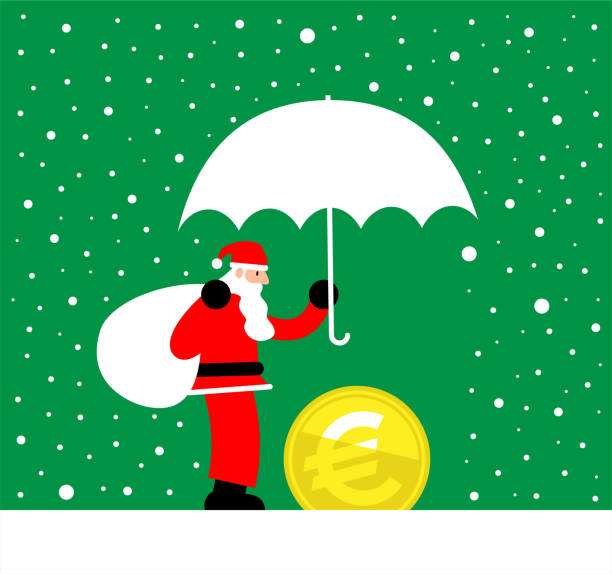 ilustrações, clipart, desenhos animados e ícones de papai noel está segurando guarda-chuva para proteger dinheiro da moeda da união europeia (moeda de sinal de euro) da tempestade de neve - european union currency money bag euro symbol sack