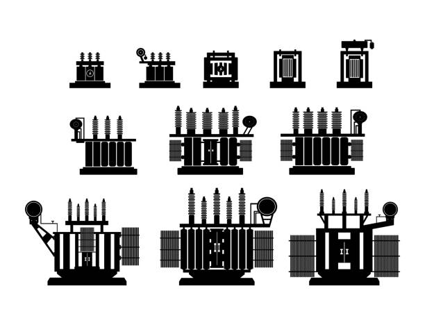 Transform High Voltage Transformer on a white background. Electrical equipment icon.  Vector illustration. Symbols, steps for successful business planning Suitable for advertising and presentations. transformer stock illustrations