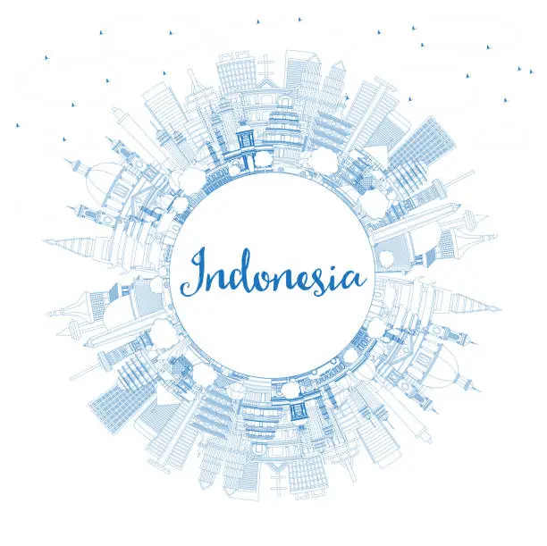 Vector illustration of Outline Indonesia Cities Skyline with Blue Buildings and Copy Space.