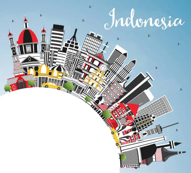 Vector illustration of Indonesia Cities Skyline with Gray Buildings, Blue Sky and Copy Space.