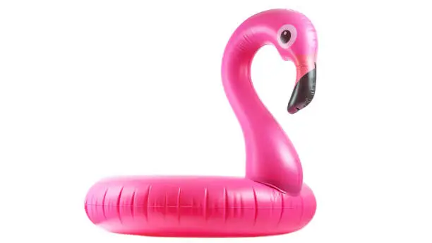 Photo of Flamingo icon. Pink pool inflatable flamingo for summer beach isolated on white background. Trendy summer concept.