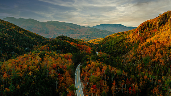 Aerial view of the mountains in autumn with the foliage