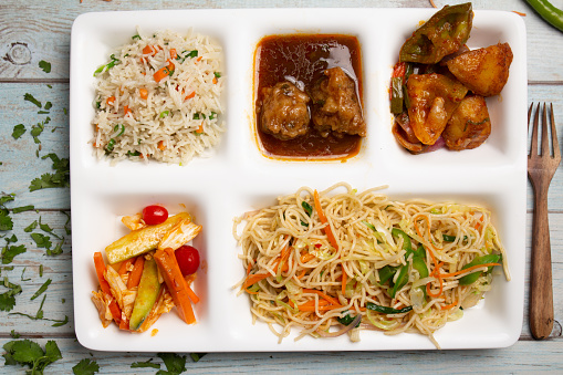 Fried Rice Chowmein Noodles Chilli Chicken Fish Chinese Combo Indian Food Thali Meal