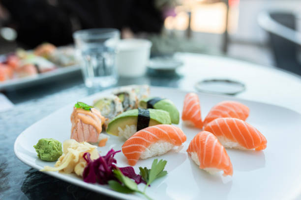 istock Fresh sushi plate on a restaurant table outdoors 1278731304