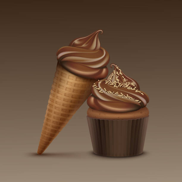 istock Vector Brown Chocolate Classic Soft Serve Ice Cream Waffle Cone with Chocolate Whipped Cream Cupcake Close up Isolated on Background 1278732008