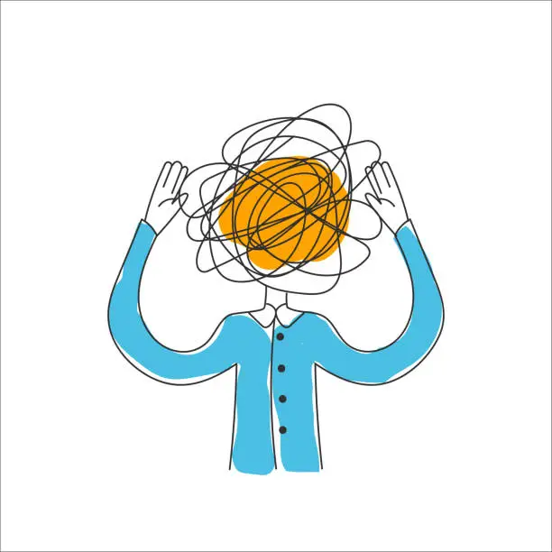 Vector illustration of Man with tangled ball in his head. Concept of anxiety, panic attack
