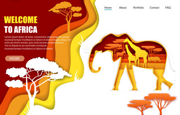 istock Welcome to Africa vector website landing page template. Paper cut elephant silhouette with African nature giraffes rhino 1278733418