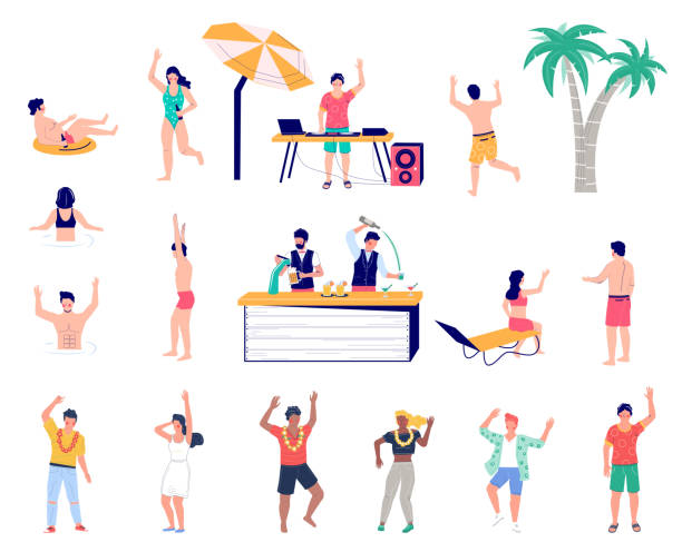 ビーチパーティー漫画キャラクターセットフラットベクトル分離イラスト。夏の熱帯休暇。 - beach men party bikini点のイラスト素材／クリップアート素材／マンガ素材／アイコン素材
