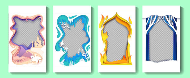 Fairytale social media stories, posts vector template, paper cut style illustration. Fairytale social media stories, posts vector template. Paper cut magic kingdom with medieval castle and knight, underwater world, forest nature backgrounds with copy space. Poster, banner, cover, card papercutting stock illustrations