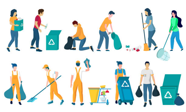 Cleaning company staff, flat vector isolated illustration. Floor and window cleaning, dusting, garbage collection. Cleaning company staff, male, female character set, flat vector isolated illustration. Cleaner lady, janitor man with home cleaning equipment. Floor and window washing, dusting, garbage collection. crewmembers stock illustrations