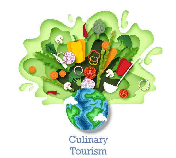 Culinary tourism concept vector illustration. Paper cut style planet Earth, fresh healthy vegetables. World cuisine. Culinary tourism concept vector illustration. Paper cut craft style planet Earth globe and healthy fresh vegetables. Cooking food ingredients. Gastronomic tour. Travel food experience. World cuisine. food and drink stock illustrations