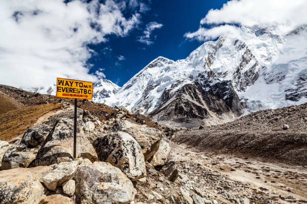 Photo of Way to Mount Everest Base Camp signpost in Himalayas, Nepal. Khumbu glacier and valley snow on mountain peaks, beautiful view landscape