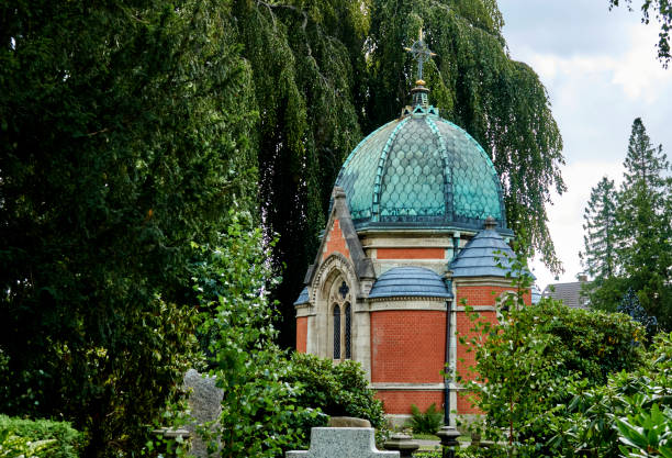 Cemetery with the chapel behind the graves in front of a big willow tree