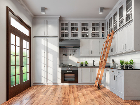 Empty classic kitchen with high cabinets, ladder and decoration with classic windows on the left. Vintage effect applied. 3d rendered image.