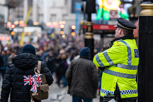 London, UK - January 1, 2020: Police patrols the streets  at the London New Years Day Parade 2020