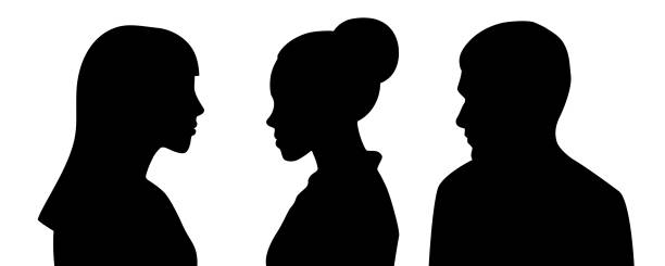 Head silhouettes of three people. Black and white vector shapes. Profile vector silhouettes of two young professional women and man. Perfect for use as placeholders or icons, for web design or print projects. Fully editable clean vector file. polygamy stock illustrations