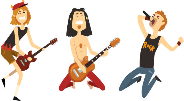 istock Funny Rock Musicians Characters Playing Electric Guitars and Singing, Rock Band Performing on Festival Cartoon Style Vector Illustration 1278738598