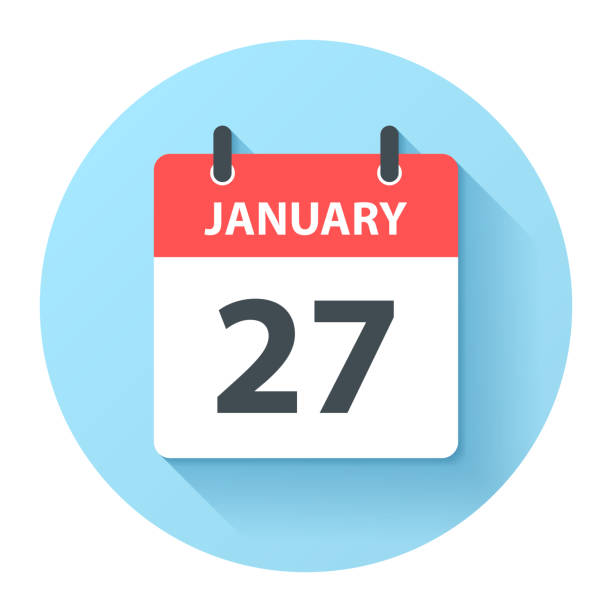 January 27 - Round Daily Calendar Icon in flat design style January 27. Round calendar Icon with long shadow in a Flat Design style. Daily calendar isolated on a blue circle. Vector Illustration (EPS10, well layered and grouped). Easy to edit, manipulate, resize or colorize. number 27 stock illustrations