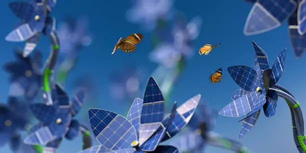 Photo of Lots of Solar Panel Flowers Generating Sustainable Energy Near Butterflies