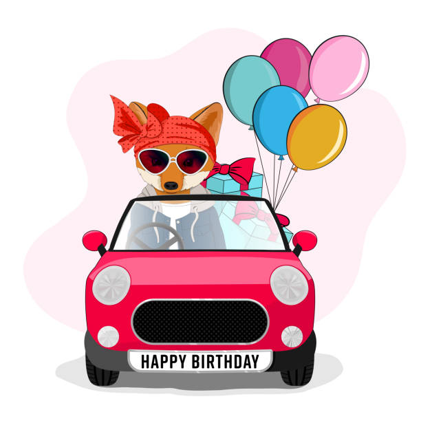 istock Cute Fox in the car with gifts and balloons. 1278744158